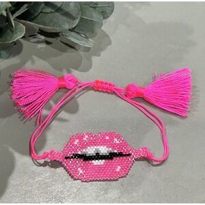 Seed Bead Lips - Mouth - Adjustable‎ Tie & Tassel Bracelet NEW Pink
